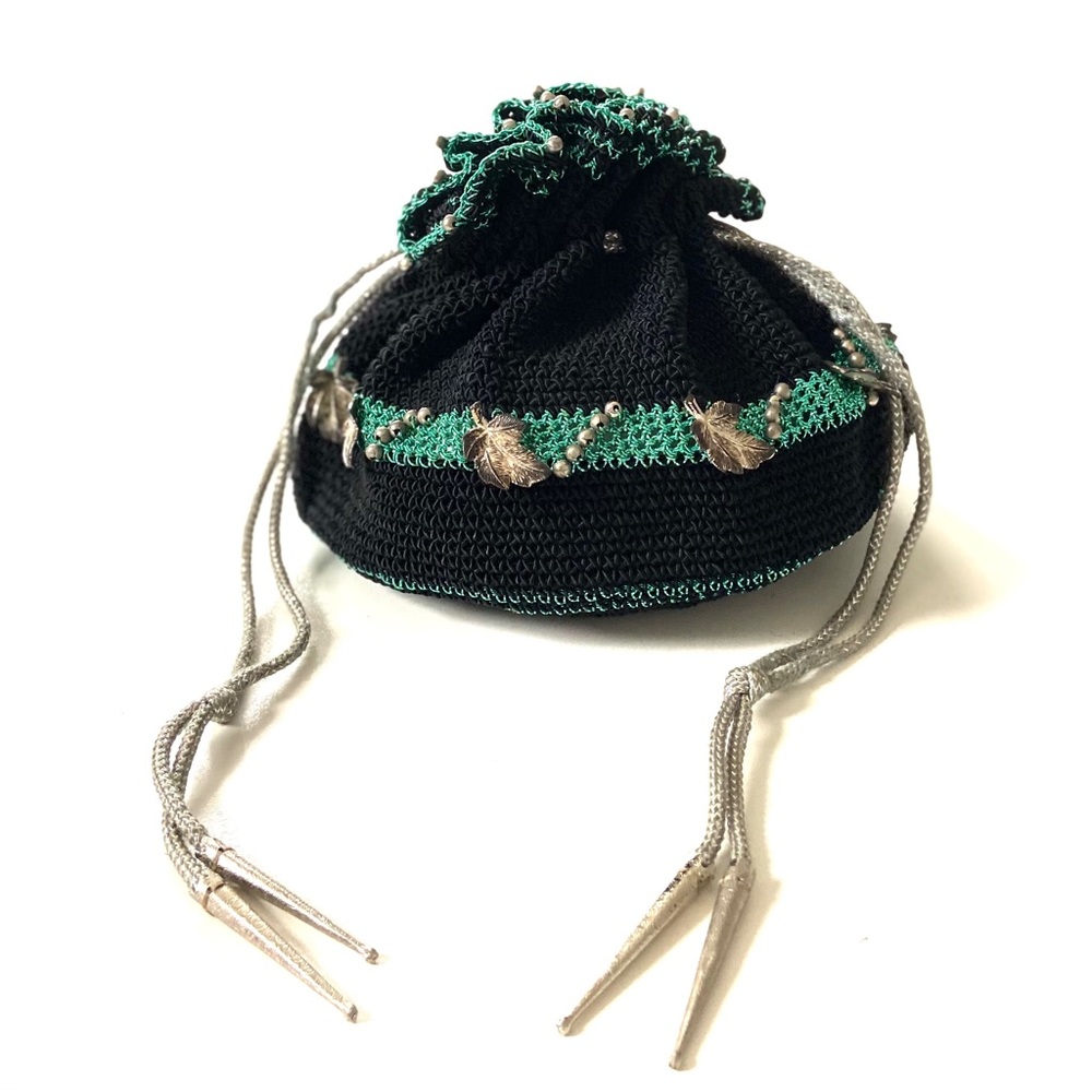 Vintage 1940s Black Green & Silver Embellished Crochet Corded Drawstring Bag